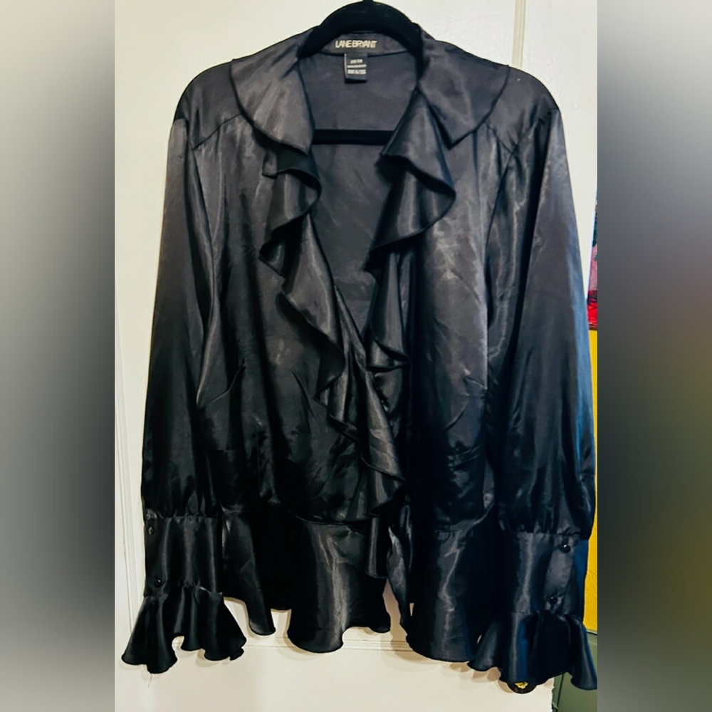 Elegant Lane Bryant Black Satin ruffled blouse